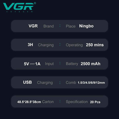Technical specifications chart for VGR V-003 hair trimmer showing 250 minutes runtime and 2500mAh battery