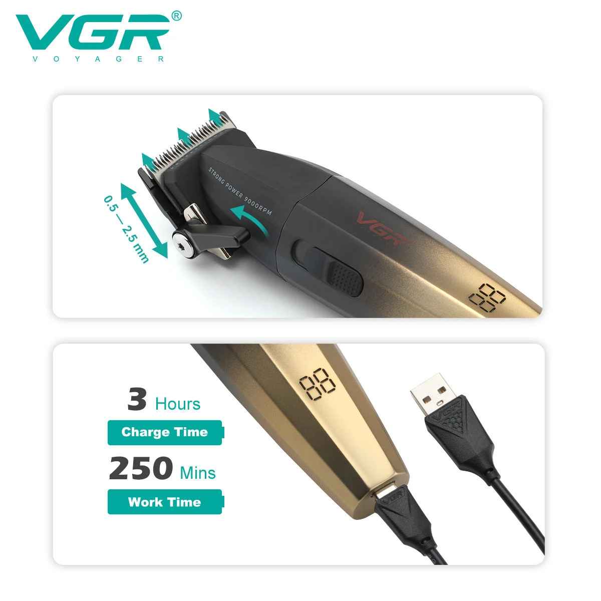 VGR V-003 adjustable taper lever 0.5mm to 2.5mm and USB Type-C charging port showing 3 hour charge time