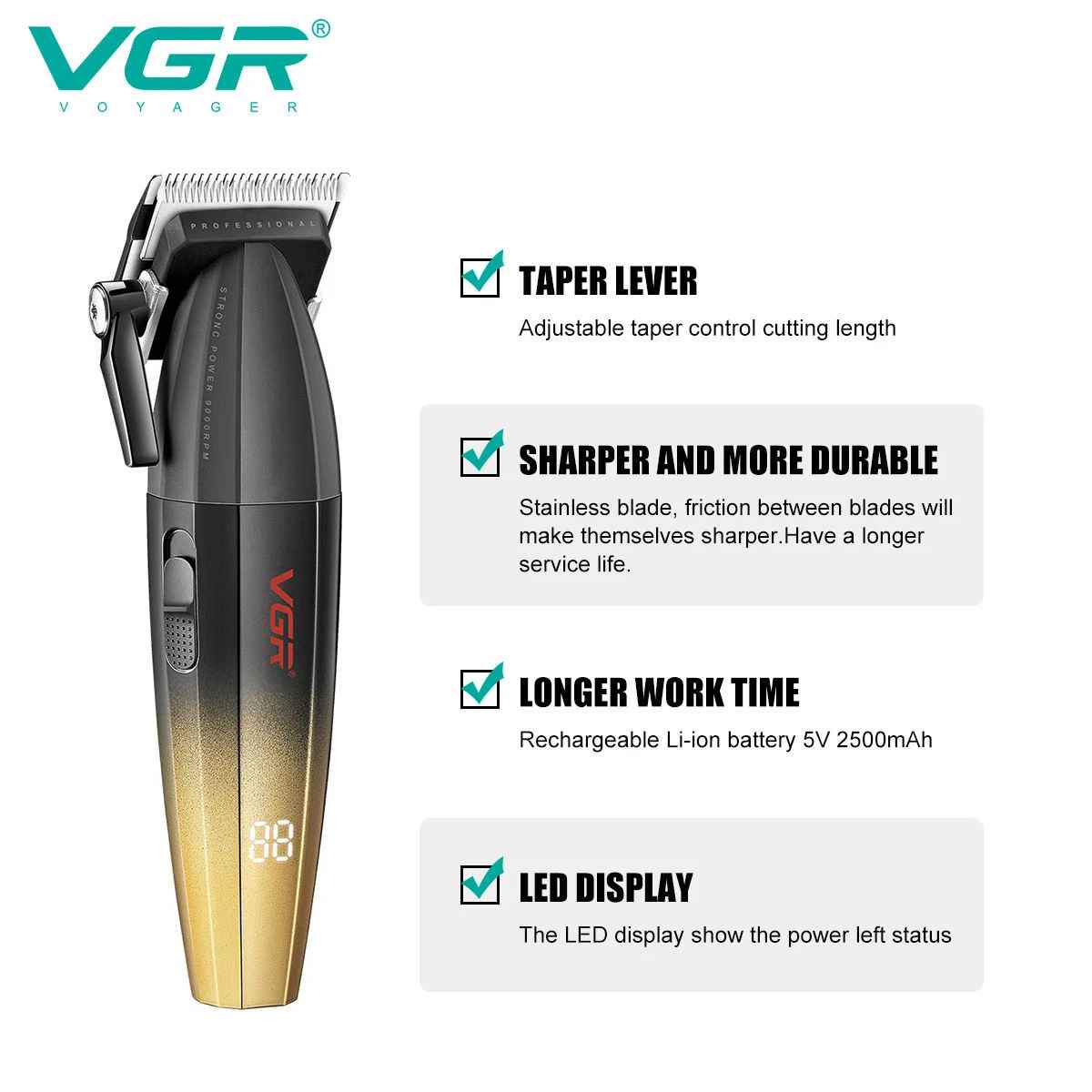 VGR V-003 hair clipper features highlighting taper lever, sharp blades, 2500mAh lithium battery, and LED display