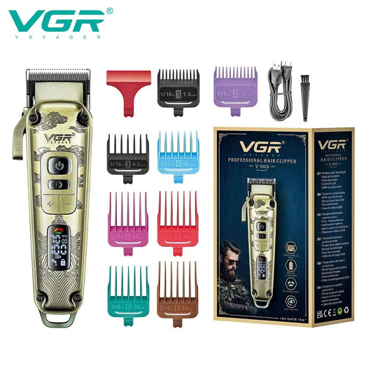 VGR V-005 professional cordless hair clipper kit including 8 colored guide combs, USB cable, cleaning brush, and original packaging box.