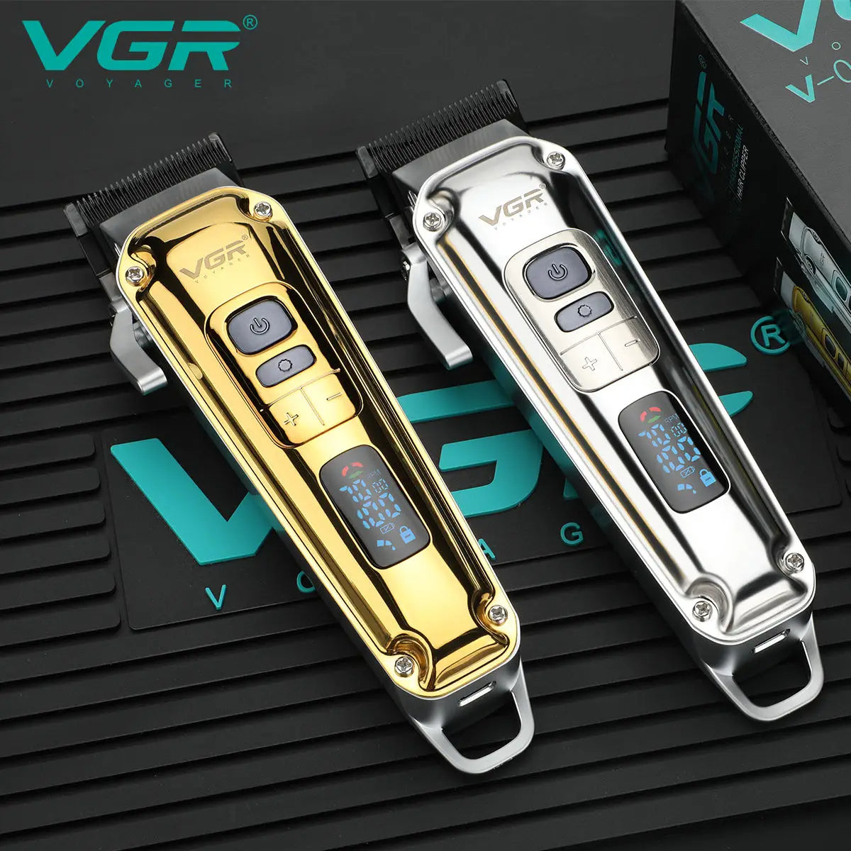 VGR V-006 cordless electric hair trimmer models in luxury gold and silver finishes, shown on a branded mat with official VGR Pakistan logo.