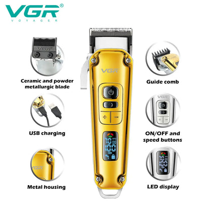 Main features infographic of the VGR V-006 hair clipper, highlighting ceramic blade, metal housing, USB charging, speed buttons, LED display, and guide combs.