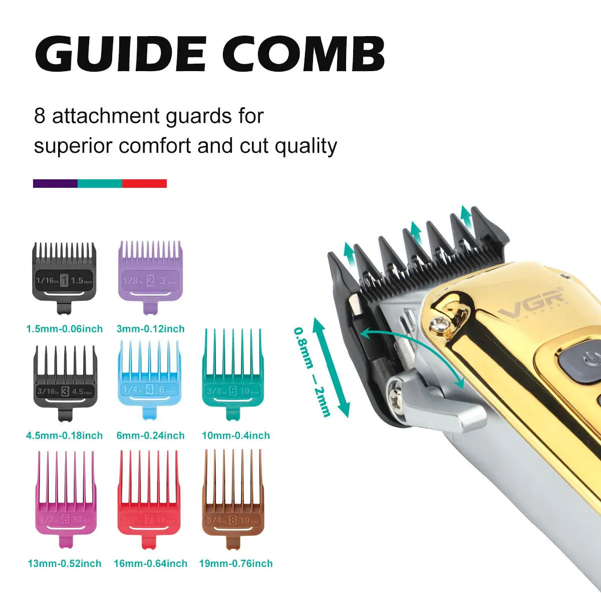 Guide comb size chart for VGR V-006, detailing 8 attachment guards from 1.5mm to 19mm for varied cutting lengths, showing taper lever adjustment.
