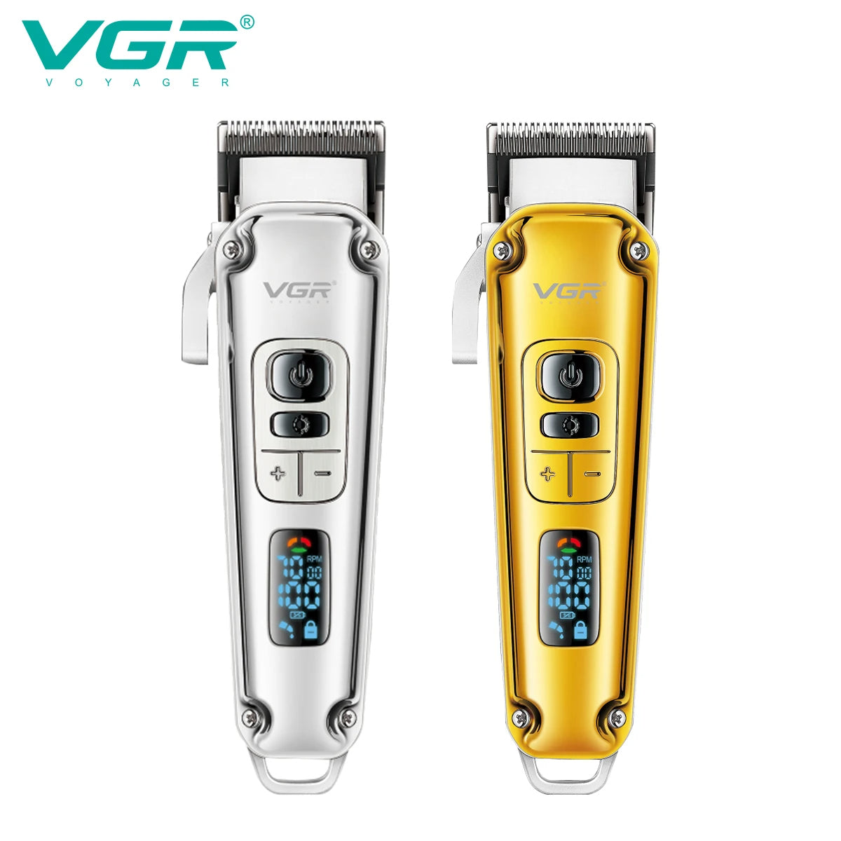 Front view comparison of VGR V-006 professional hair clippers in silver and gold, displaying LED screens with 100% battery status and speed indicators.