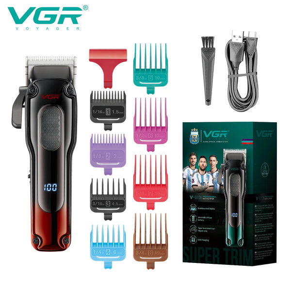 vgr v-013 professional hair clipper machine box package with multi color guide combs charging cable and brush on vgrpakistan.pk