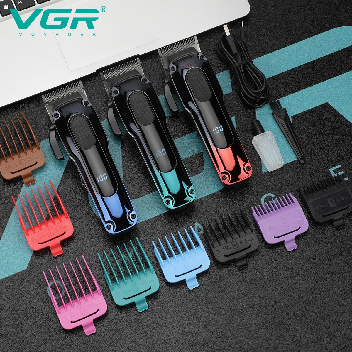 vgr v-013 cordless hair cutting machine set showing three color options with eight colorful limit combs and accessories