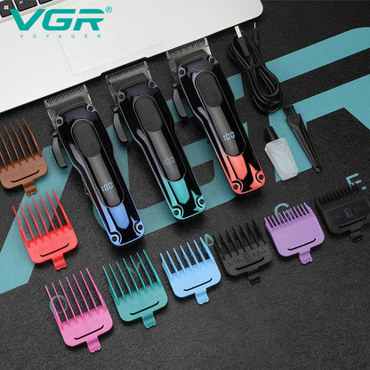 vgr v-013 cordless hair cutting machine set showing three color options with eight colorful limit combs and accessories