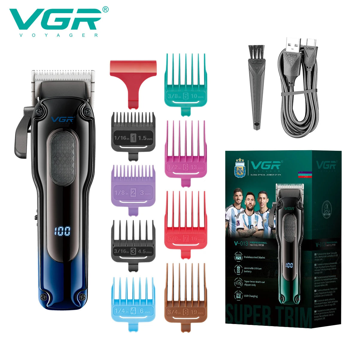 vgr v-013 professional barber clipper blue color model complete box kit with attachment combs and usb wire