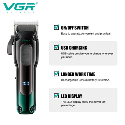 vgr v-013 trimmer specifications listing on off switch usb charging 2000mah lithium battery and led display features
