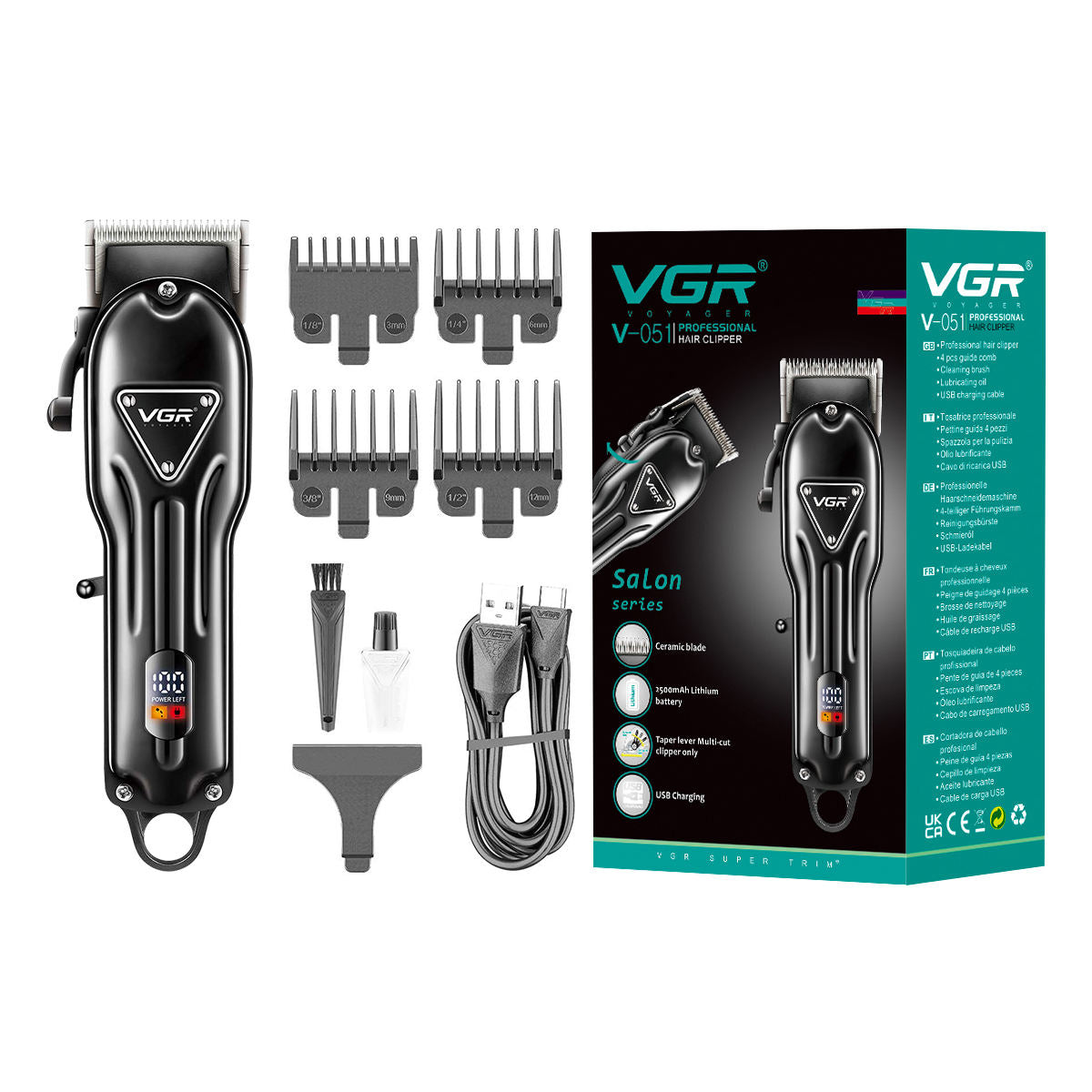 VGR V-051 Salon Series professional hair clipper package layout with 4 attachment guards, lubricating oil bottle, cleaning brush, blade cover, USB cable, and retail box.