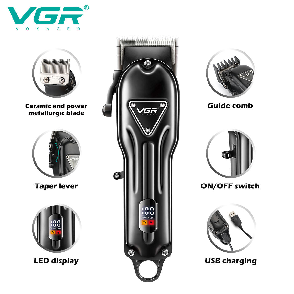 Detailed feature callout diagrams for the VGR V-051 clipper showcasing the ceramic and power metallurgic blade, adjustable taper lever, LED power left display screen, and USB charging.
