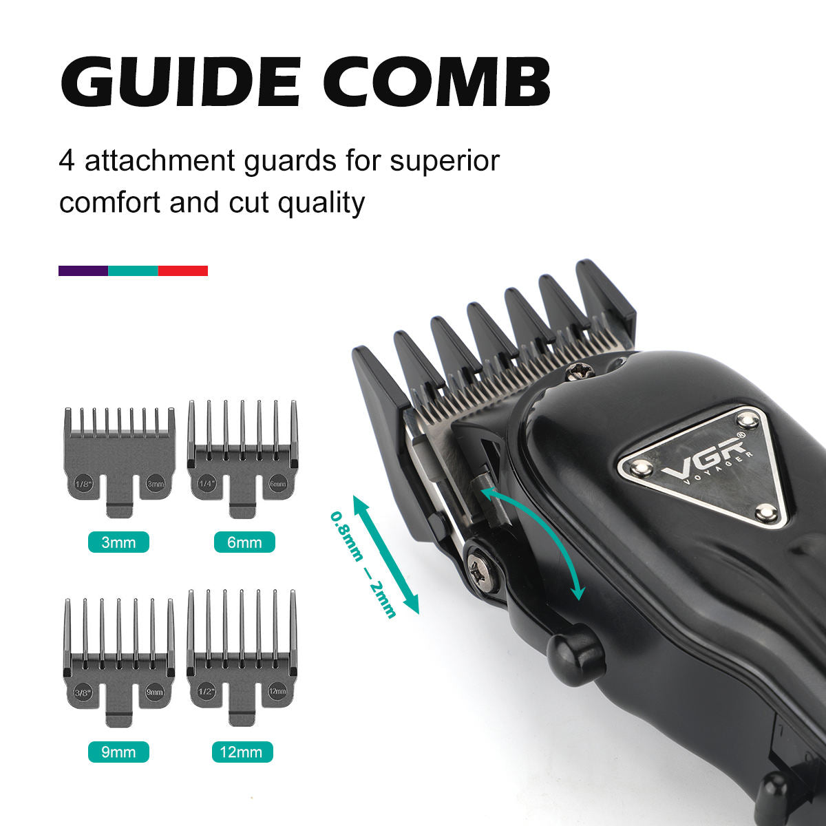 Close up view of the VGR V-051 hair trimmer body highlighting the 0.8mm to 2mm adjustable blade lever and the included 3mm, 6mm, 9mm, and 12mm guide combs.