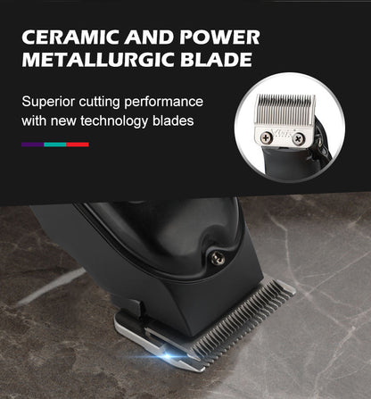 Sharp close up shot of the VGR V-051 trimmer showing the design of the high-performance ceramic and power metallurgic blade configuration resting on a surface.
