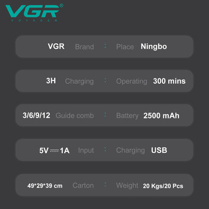 Technical parameters sheet for VGR V-051 rechargeable clipper outlining 3 hours charging time, 300 minutes running time, 2500mAh lithium battery, and 5V 1A USB input.