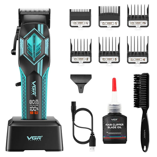 Complete VGR Voyager V-119 hair clipper kit including the black and green cordless clipper on its charging base, six labeled guide combs (1/2, 1, 1-1/2, 2, 3, 4), protective cap, blade oil, cleaning brush, and USB power cable.
