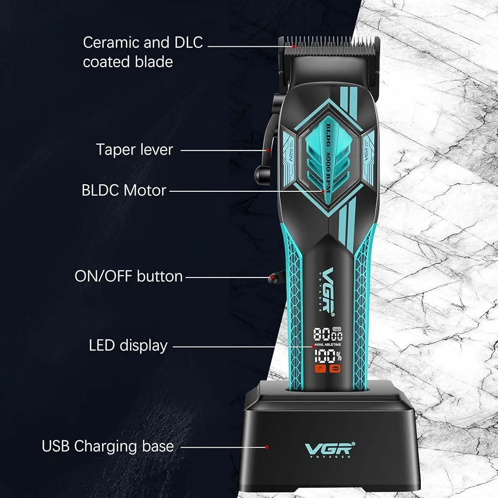 Annotated infographic diagram of the VGR Voyager V-119 clipper, with lines pointing to and labeling key features: Ceramic and DLC coated blade, Taper lever, BLDC Motor, ON/OFF button, LED display showing 8,000 RPM and 100% battery, and USB Charging base.
