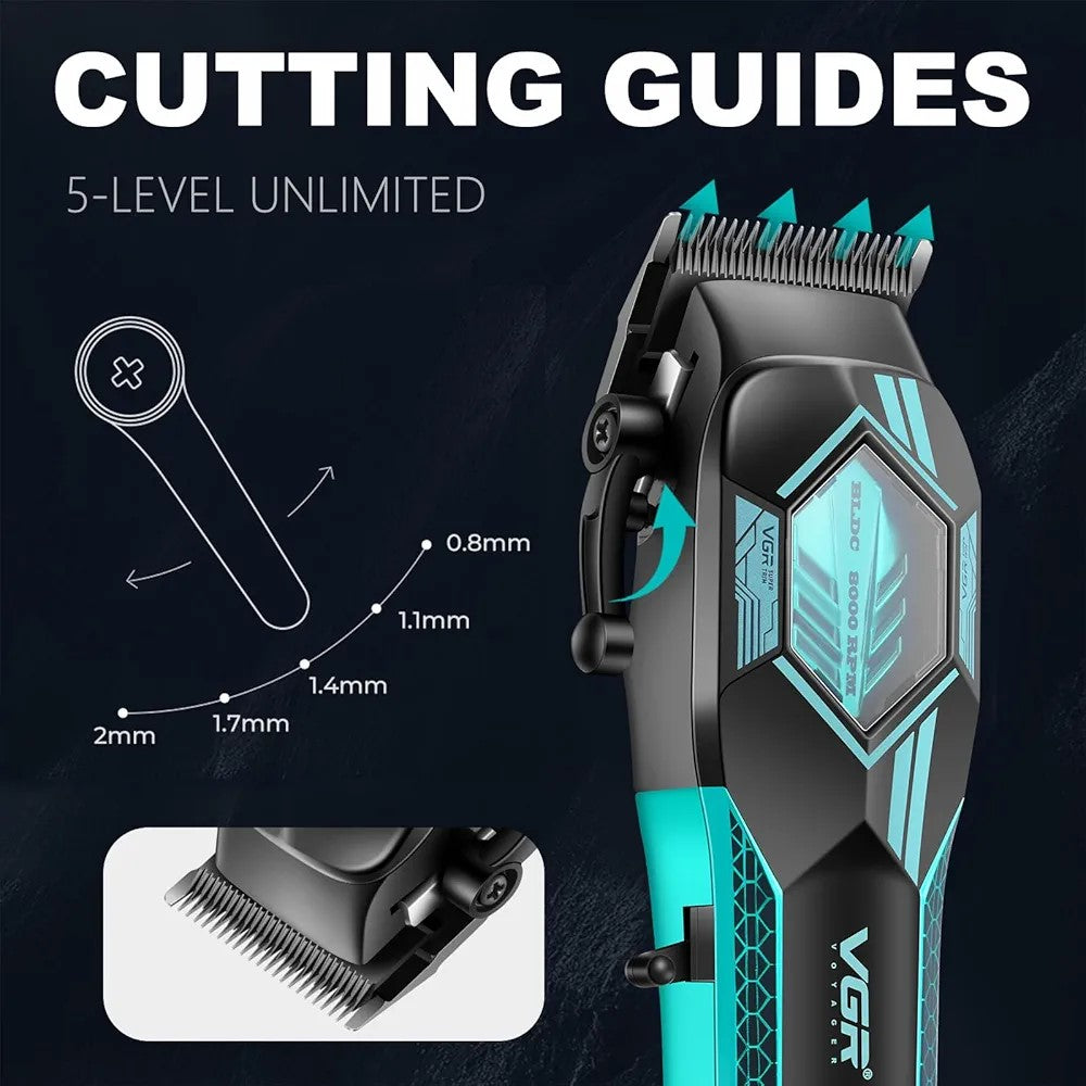 Diagram showcasing the VGR Voyager V-119 clipper's 5-level unlimited cutting guides taper lever, illustrating adjustment range settings at 0.8mm, 1.1mm, 1.4mm, 1.7mm, and 2mm, with a close-up insert of the DLC blades.