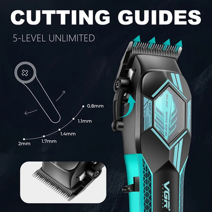 Diagram showcasing the VGR Voyager V-119 clipper's 5-level unlimited cutting guides taper lever, illustrating adjustment range settings at 0.8mm, 1.1mm, 1.4mm, 1.7mm, and 2mm, with a close-up insert of the DLC blades.