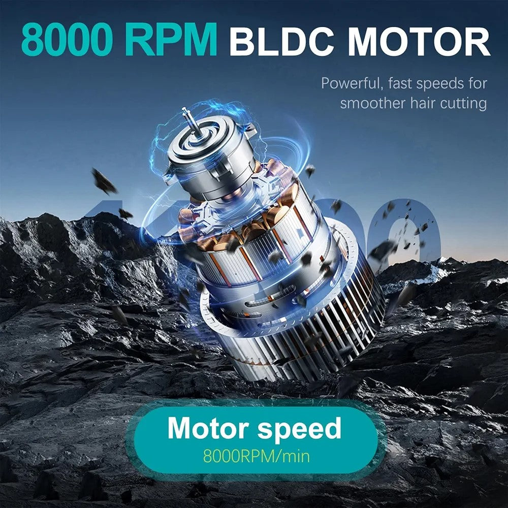 Tech graphic of an exposed VGR Voyager internal motor component against a dramatic rocky background, highlighting "8000 RPM BLDC MOTOR" performance for powerful, fast speeds and smooth cutting.