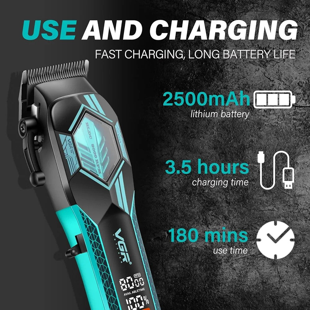 An infographic detail of the VGR Voyager V-119 clipper handle against a textured wall, showing key specs: "2500mAh lithium battery", "3.5 hours charging time", and "180 mins use time.
