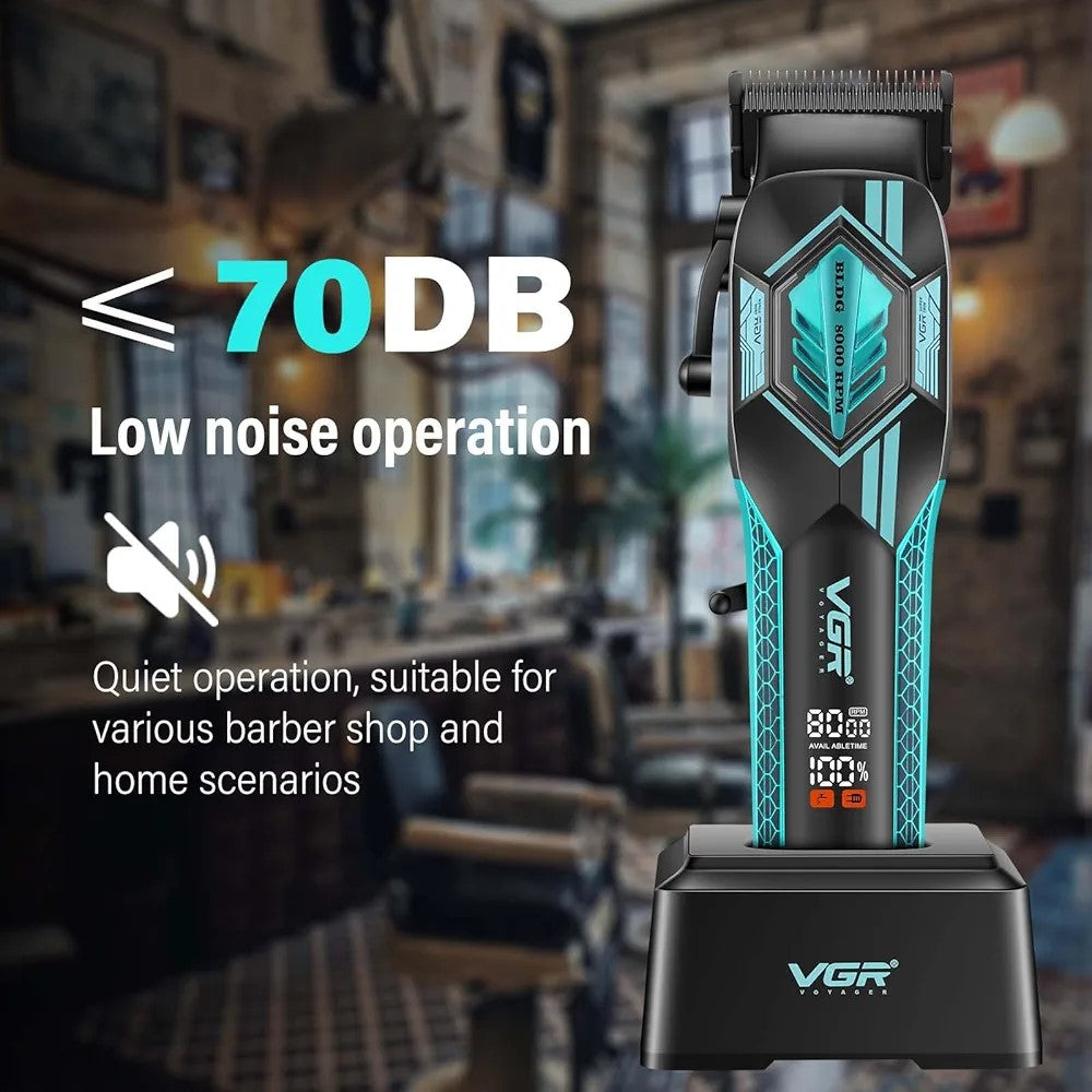 A visual representation featuring the VGR Voyager V-119 clipper on its stand in a blurred barbershop background, with a prominent "< 70DB Low noise operation" graphic and a mute icon, highlighting suitability for barber shop and home scenarios.