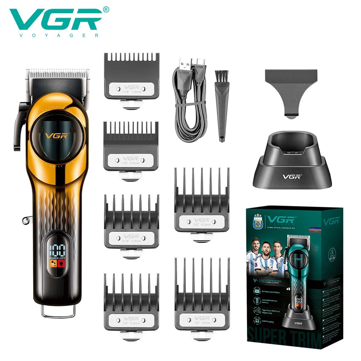 vgr v-166 professional gold hair clipper set with desktop charging dock six attachment combs and packaging box