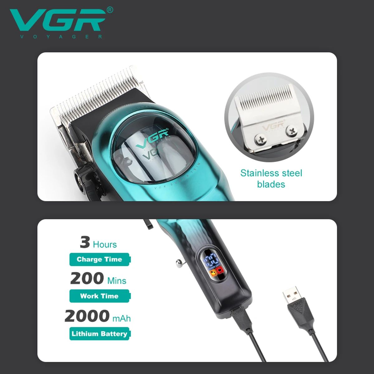 vgr v-166 stainless steel blades close up view with 2000mah lithium battery performance and charging specifications