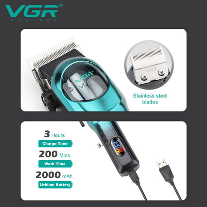 vgr v-166 stainless steel blades close up view with 2000mah lithium battery performance and charging specifications