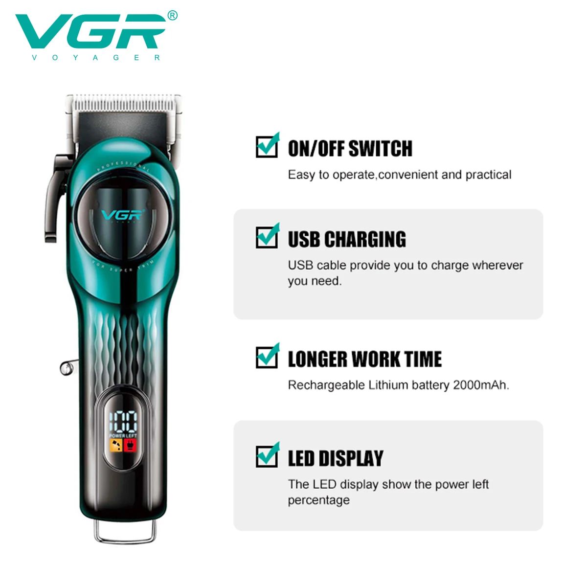 vgr v-166 cordless hair trimmer green color model highlighting led power left display and universal usb charging wire