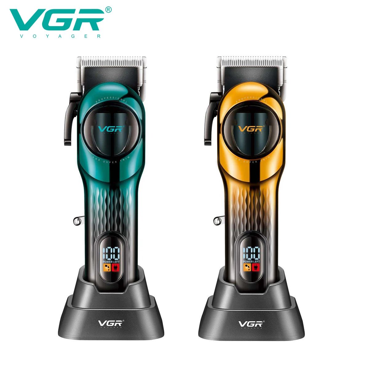 vgr v-166 premium intelligent professional trimmers standing vertically inside matching black vgr charging bases