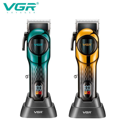 vgr v-166 premium intelligent professional trimmers standing vertically inside matching black vgr charging bases