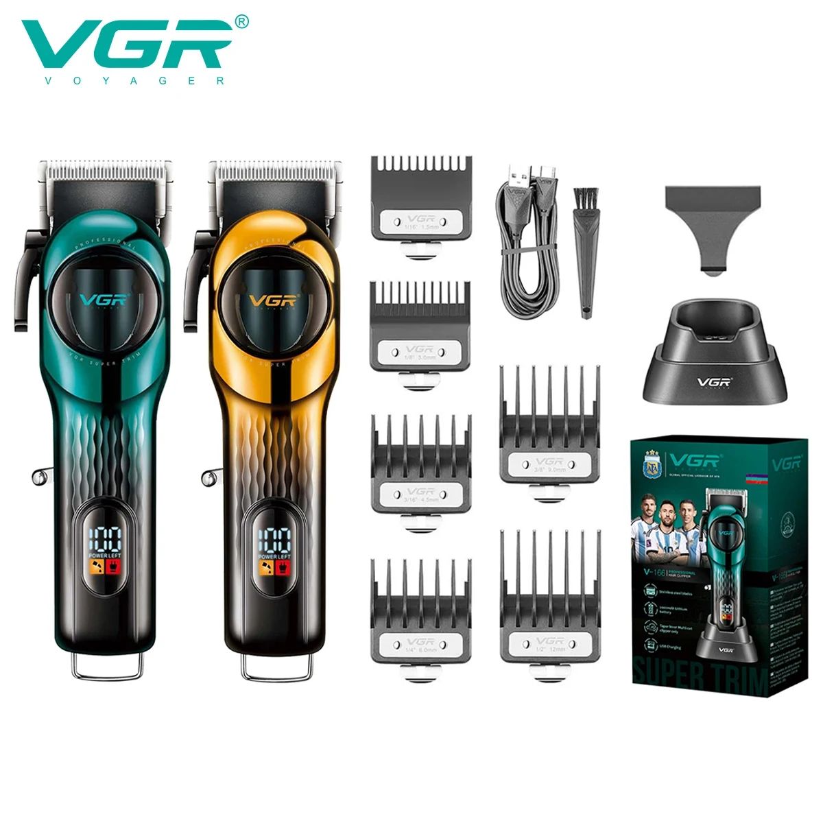 vgr v-166 complete barber haircut machine kit showing gold and green hair clippers with all accessories on vgrpakistan.pk