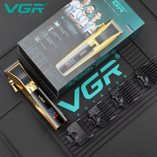 vgr v-177 professional gold hair clipper machine with official packaging box and black attachment combs layout