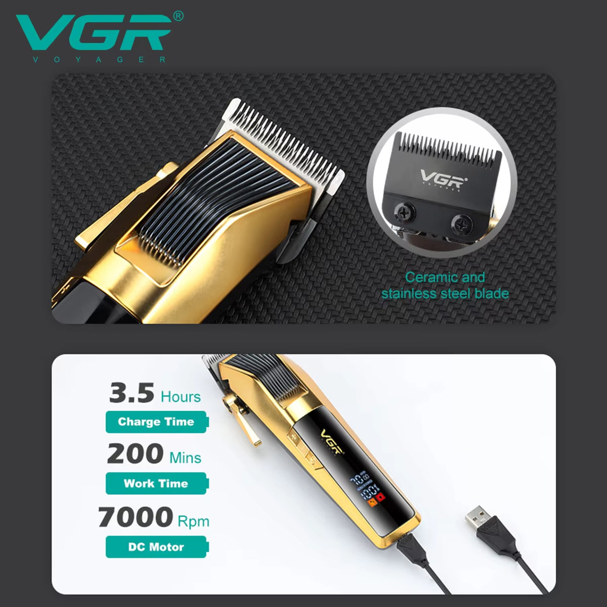 vgr v-177 premium ceramic and stainless steel blade details with 3.5 hours charge time 200 minutes runtime infographics