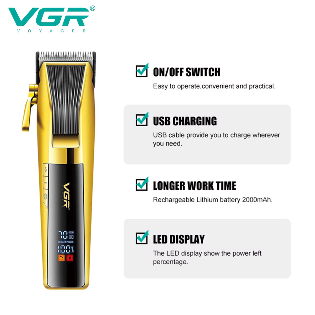 vgr v-177 hair machine technical specifications listing usb charging 2000mah rechargeable lithium battery and on off switch
