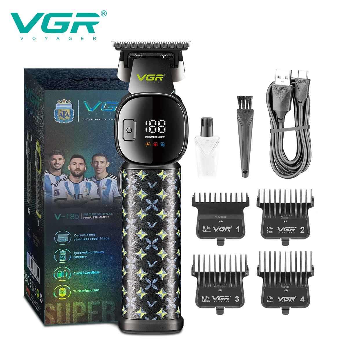 VGR V-185 professional hair clipper kit with 4 guide combs, USB cable, oil bottle, cleaning brush, and retail box