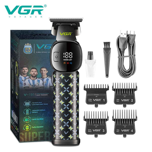 VGR V-185 professional hair clipper kit with 4 guide combs, USB cable, oil bottle, cleaning brush, and retail box