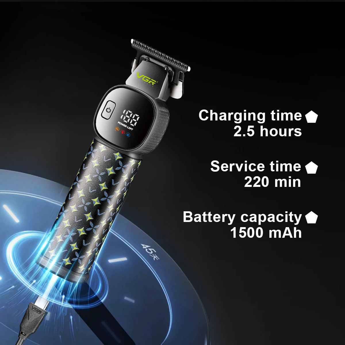 VGR V-185 cordless hair trimmer showing 1500mAh lithium battery capacity and 220-minute runtime