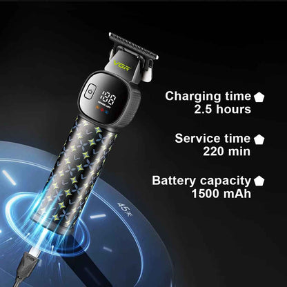 VGR V-185 cordless hair trimmer showing 1500mAh lithium battery capacity and 220-minute runtime