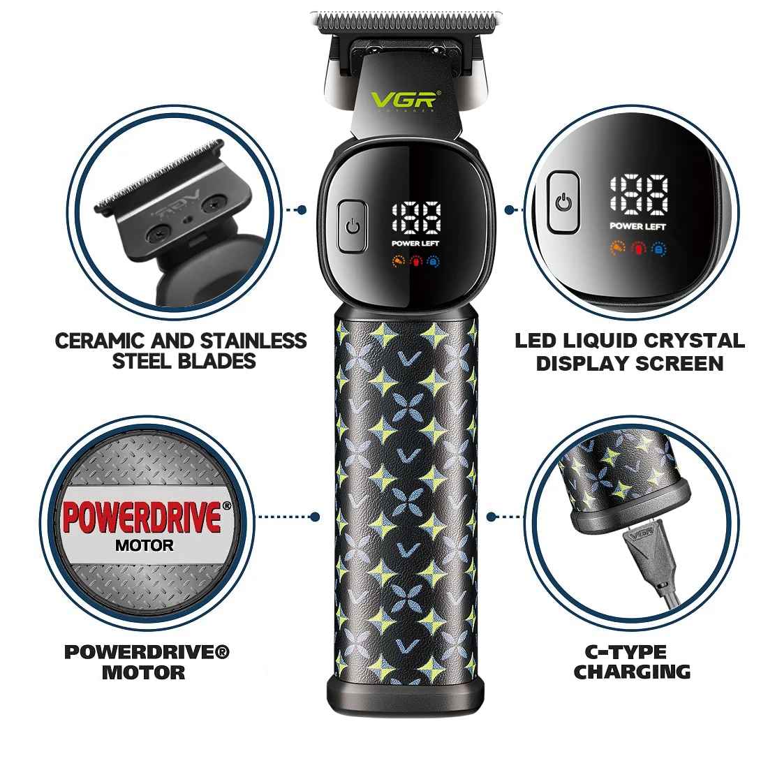 VGR V-185 feature overview detailing ceramic stainless steel blades, LCD screen, and USB Type-C charging port