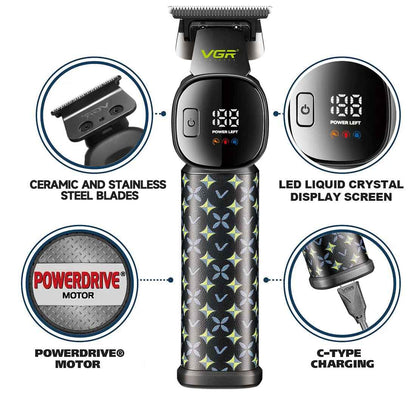 VGR V-185 feature overview detailing ceramic stainless steel blades, LCD screen, and USB Type-C charging port