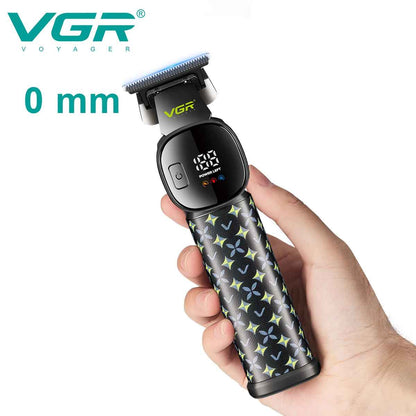 VGR V-185 zero-gap hair trimmer held in hand showing precision 0mm ceramic blade and patterned body