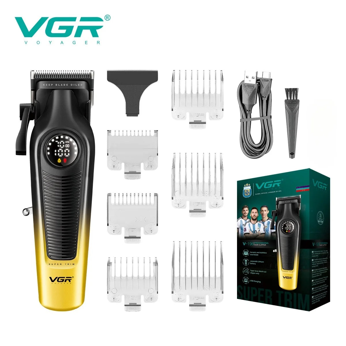 VGR V-196 Professional Hair Clipper Gold Edition with 6 cutting guide combs, USB charging cable, and cleaning brush — Heavy-duty cordless hair clipper price in Pakistan.