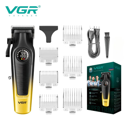 VGR V-196 Professional Hair Clipper Gold Edition with 6 cutting guide combs, USB charging cable, and cleaning brush — Heavy-duty cordless hair clipper price in Pakistan.