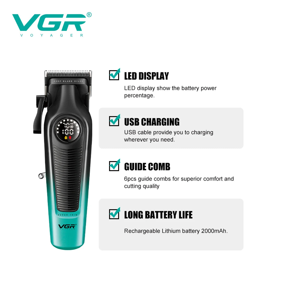 VGR V-196 Hair Clipper features infographic showing Smart LED Display, USB Charging capability, 6 precision guide combs, and 2000mAh long-life lithium battery — Best professional clipper for fades in Pakistan.