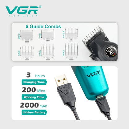 VGR V-196 Hair Clipper technical specs showing 6 professional guide combs (1.5mm to 13mm), 3-hour USB fast charging, 200-minute working time, and 2000mAh lithium battery — Genuine VGR clipper price in Pakistan.