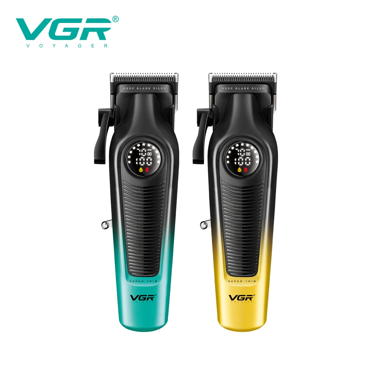 Comparison of VGR V-196 Professional Hair Clippers in Teal and Gold variants, featuring adjustable taper lever and smart digital display — Premium barber clippers for precision fades and haircuts in Pakistan.
