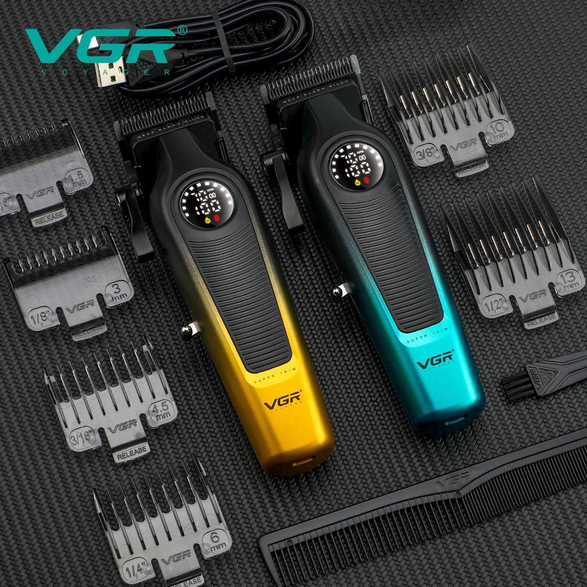 VGR V-196 Professional Super Trim hair clippers in Gold and Teal colors with precision guide combs, barber comb, and USB charging — Top-rated professional hair clipper models available in Pakistan.