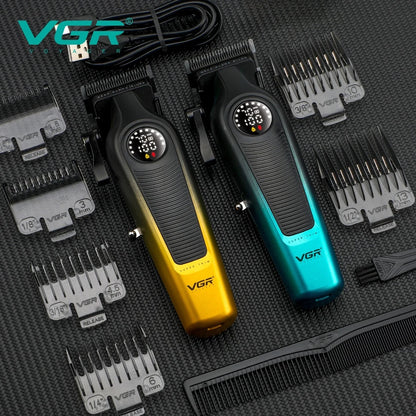 VGR V-196 Professional Super Trim hair clippers in Gold and Teal colors with precision guide combs, barber comb, and USB charging — Top-rated professional hair clipper models available in Pakistan.
