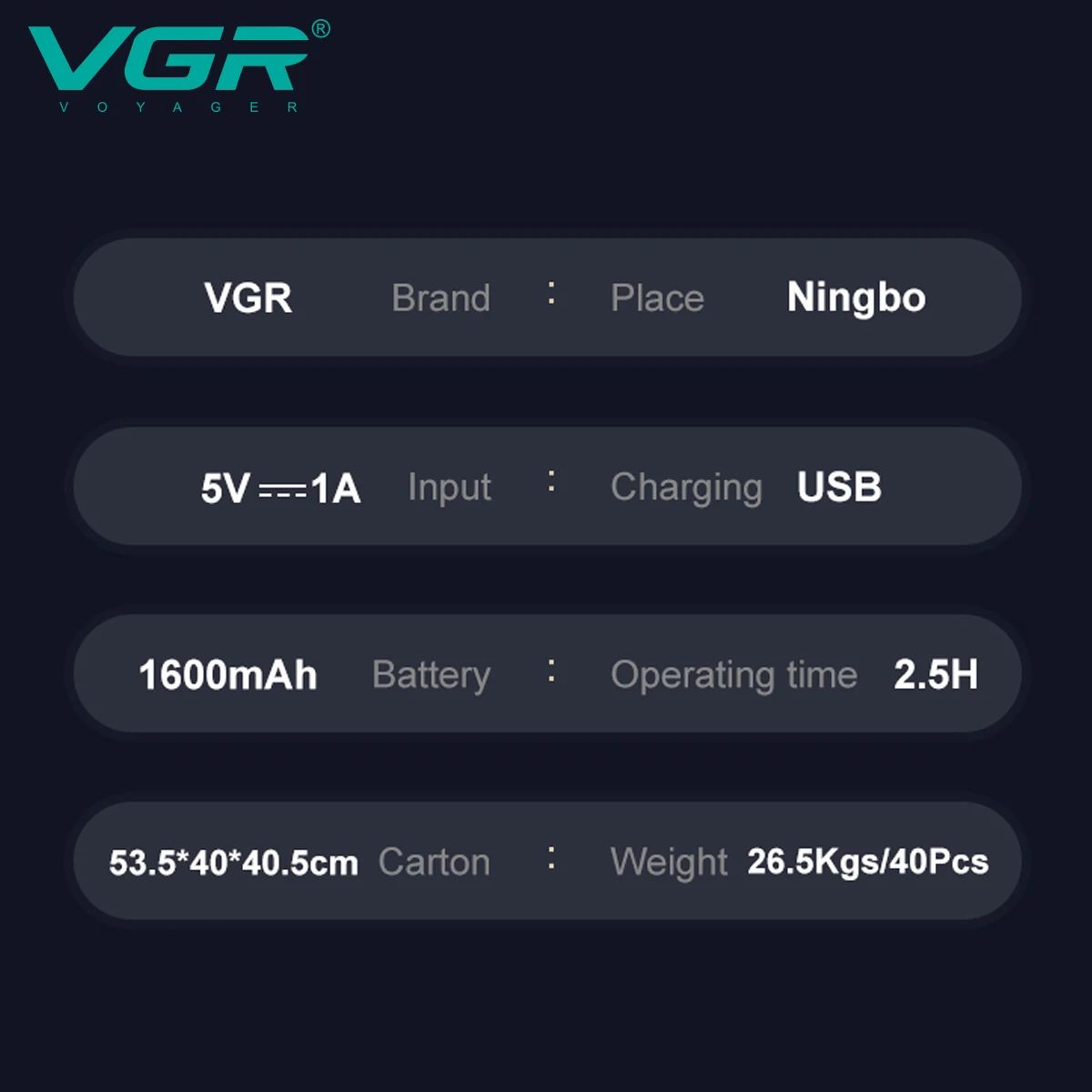 product specification graphic banner for authentic vgr voyager brand displaying 5v 1a input charging via usb 1600mah high capacity battery 2.5 hours operating runtime and export carton shipping dimensions and weight details